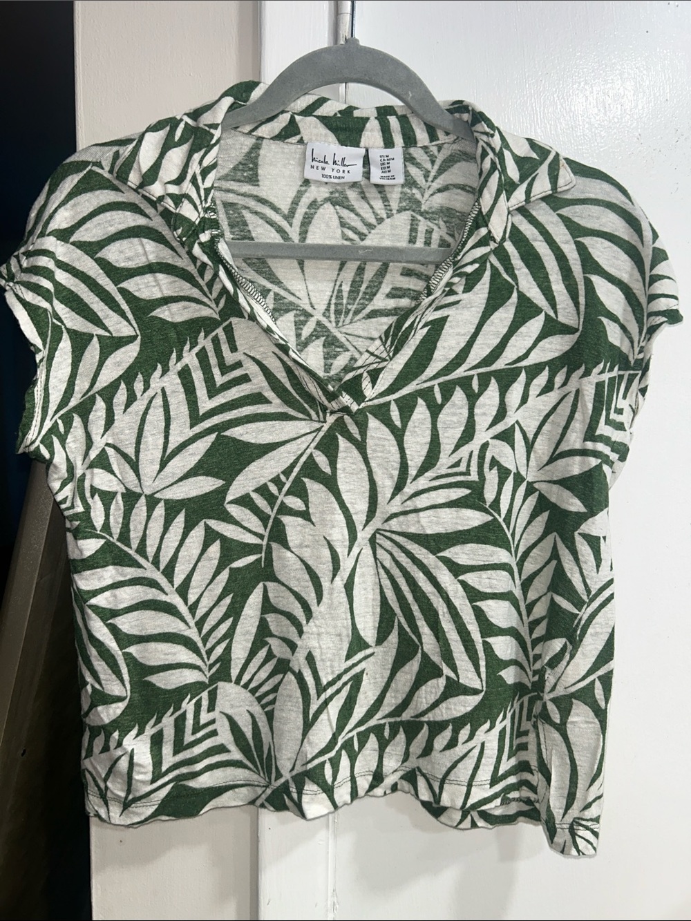 Nicole Miller Linen Green Leaf Print Short Sleeve Top Medium
